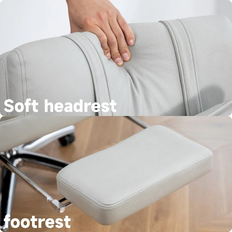 Fauteuil de bureau inclinable pivotant en cuir gris clair, support lombaire, repose-pieds