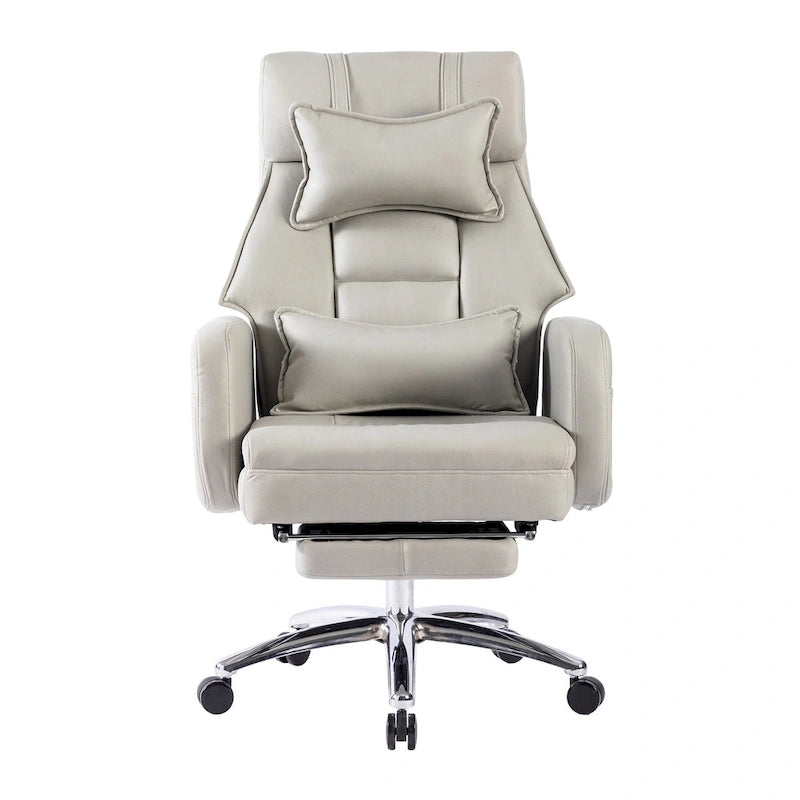 Fauteuil de bureau inclinable pivotant en cuir gris clair, support lombaire, repose-pieds