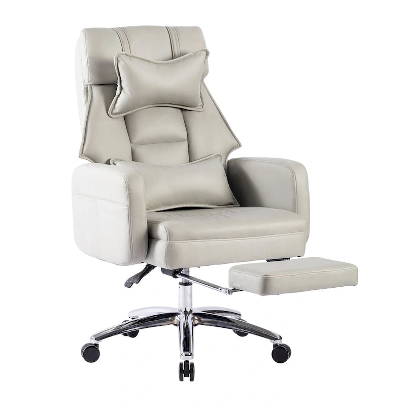 Fauteuil de bureau inclinable pivotant en cuir gris clair, support lombaire, repose-pieds