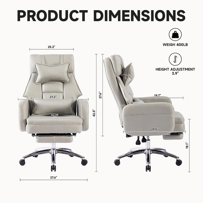 Fauteuil de bureau inclinable pivotant en cuir gris clair, support lombaire, repose-pieds