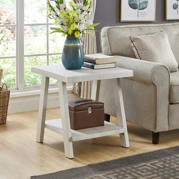 Contemporary Wood Shelf End Table With High-quality Hardwood Frame in White Finish