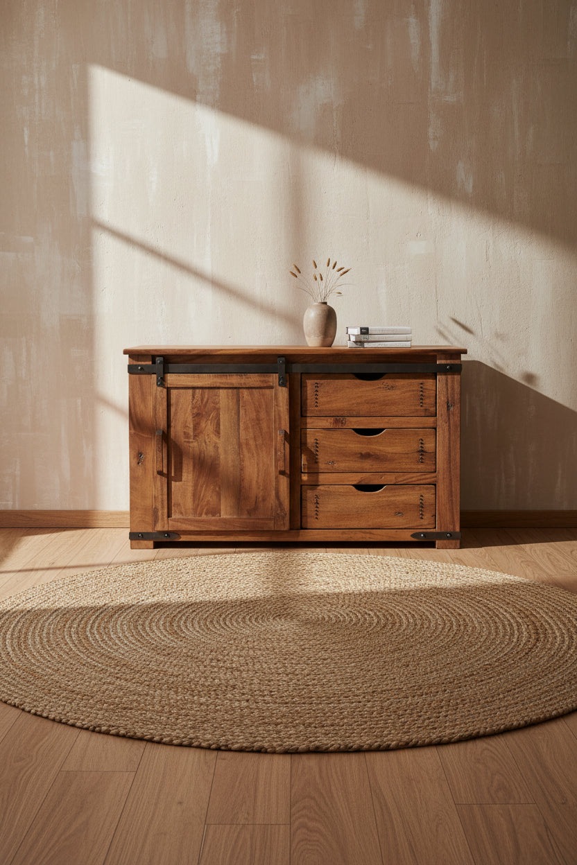 Meuble TV fermé en bois massif marron vieilli de 50 po – 50 po x 34,75 po x 17,75 po