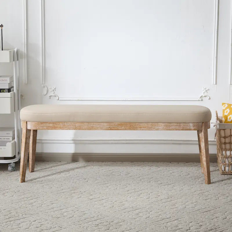 Banc en similicuir Mid-Century Modern avec pieds en bois par
