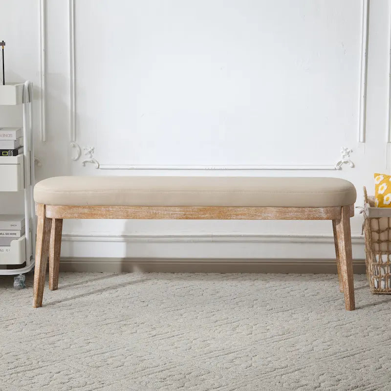 Banc en similicuir Mid-Century Modern avec pieds en bois par