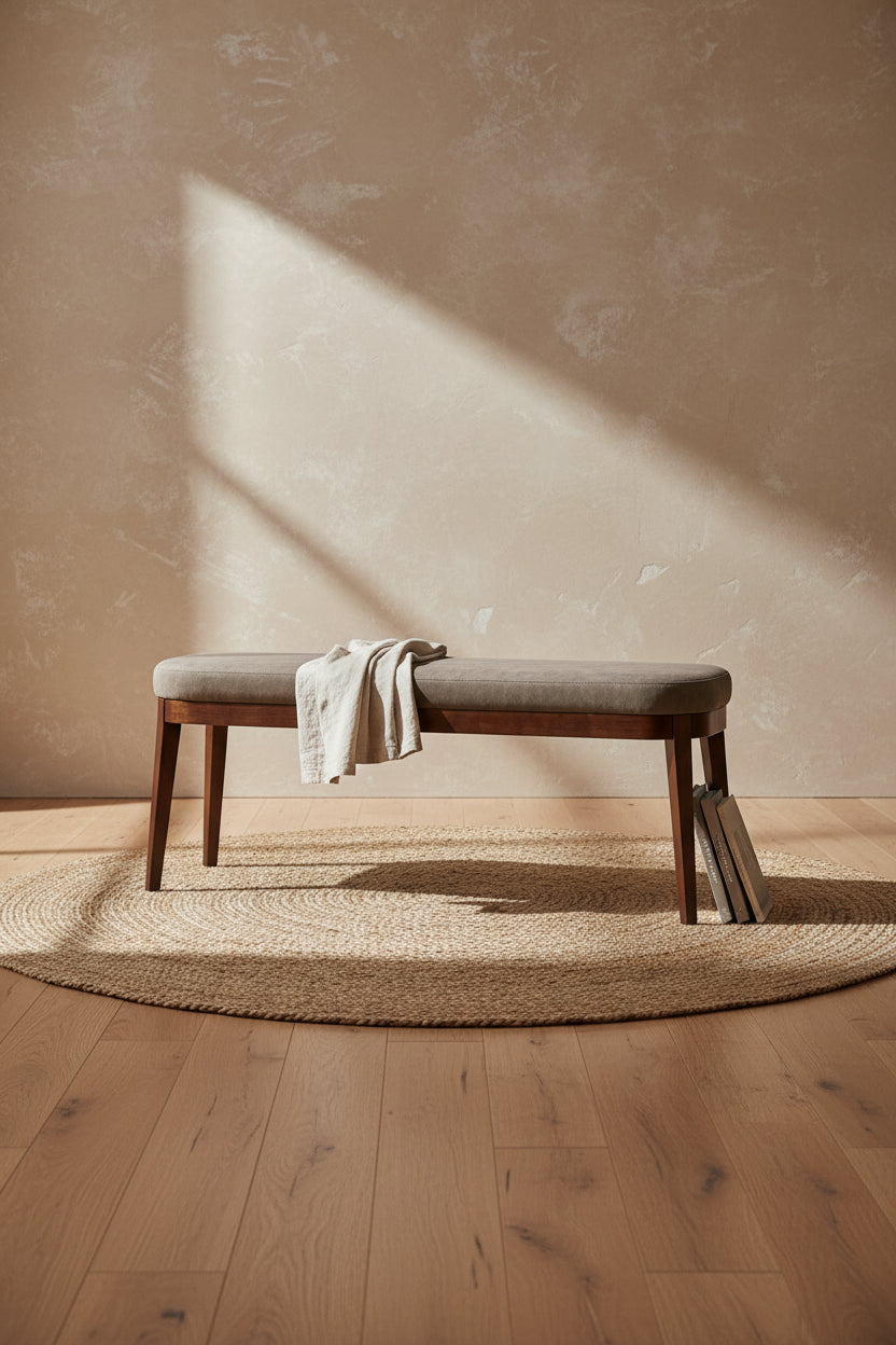 Banc en similicuir Mid-Century Modern avec pieds en bois par
