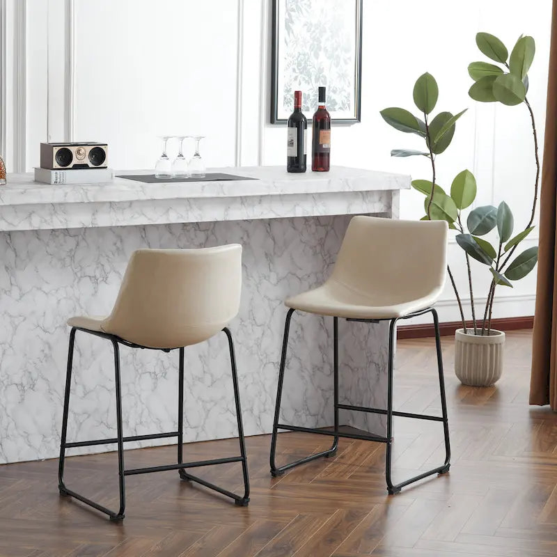 Vintage 24 - Lot de 2 tabourets de bar avec dossier en cuir sans accoudoirs, pieds en métal, repose-pieds pour îlot de cuisine, café, pub, comptoir de bar