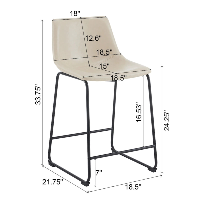 Vintage 24 - Lot de 2 tabourets de bar avec dossier en cuir sans accoudoirs, pieds en métal, repose-pieds pour îlot de cuisine, café, pub, comptoir de bar