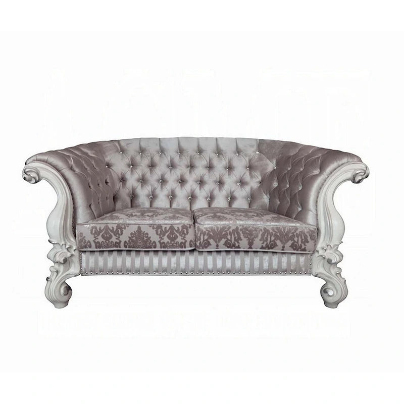 Causeuse, 5 coussins, tissu ivoire capitonné, volutes, blanc, 76 pouces