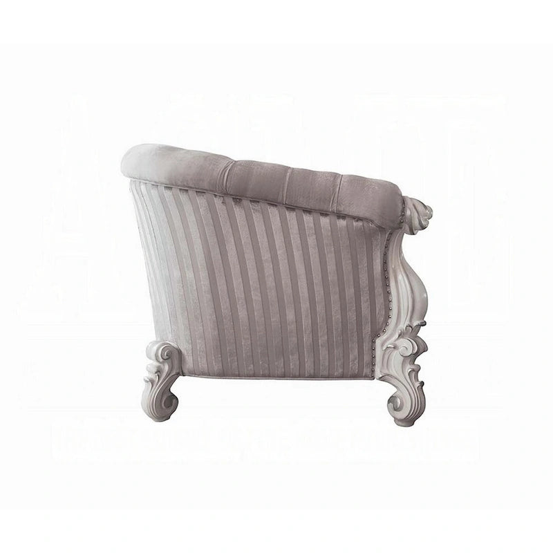 Causeuse, 5 coussins, tissu ivoire capitonné, volutes, blanc, 76 pouces