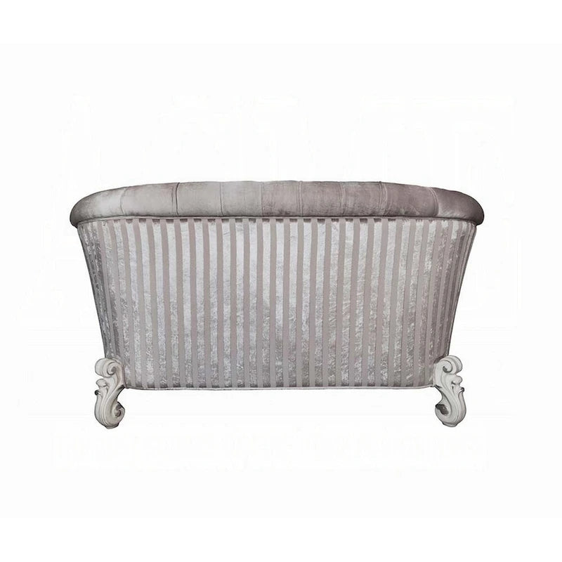 Causeuse, 5 coussins, tissu ivoire capitonné, volutes, blanc, 76 pouces