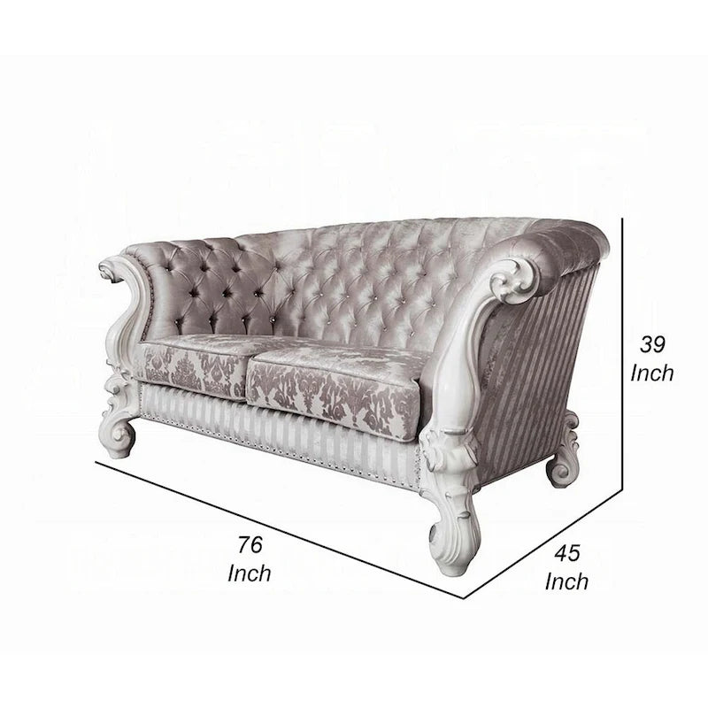 Causeuse, 5 coussins, tissu ivoire capitonné, volutes, blanc, 76 pouces
