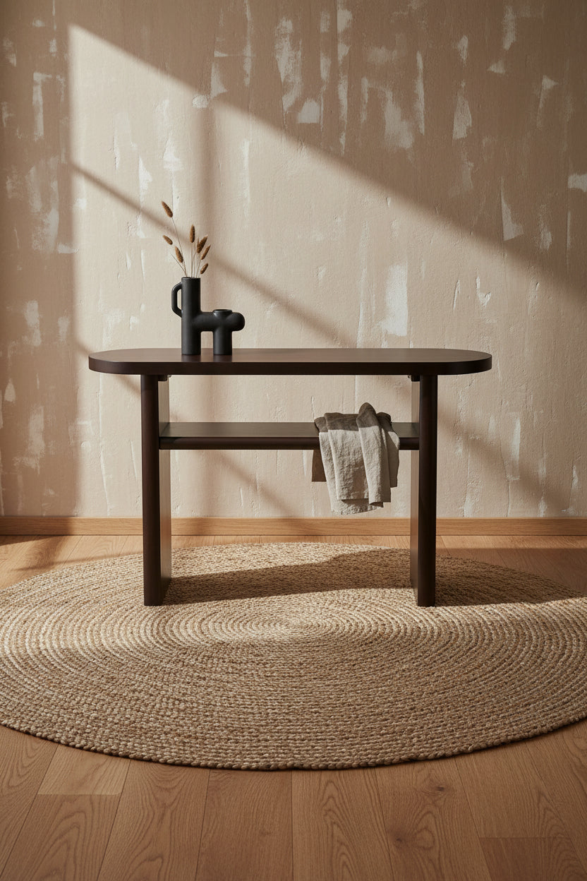 Console élégante et minimaliste avec bords arrondis et étagère robuste pour entrée