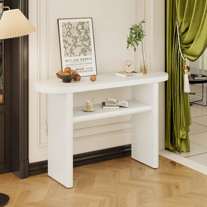 Console élégante et minimaliste avec bords arrondis et étagère robuste pour entrée