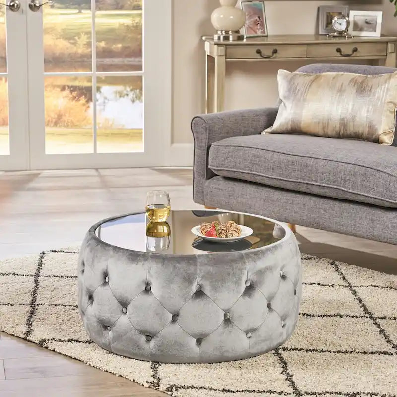 Table basse pouf en velours et verre trempé par