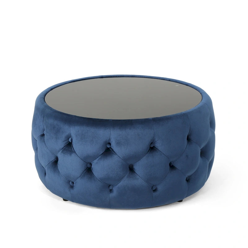Table basse pouf en velours et verre trempé par