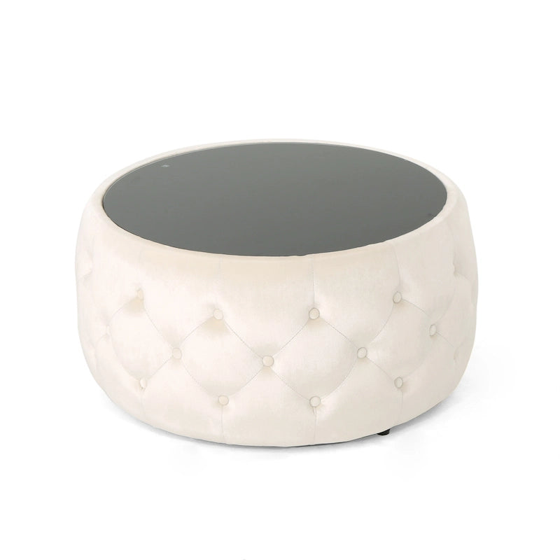 Table basse pouf en velours et verre trempé par