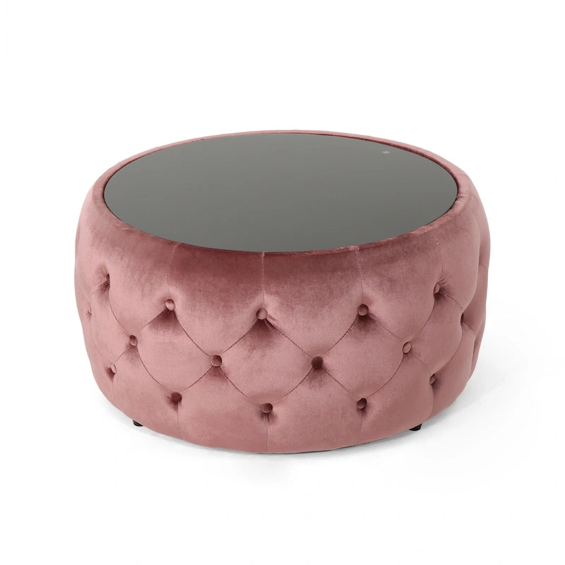 Table basse pouf en velours et verre trempé par