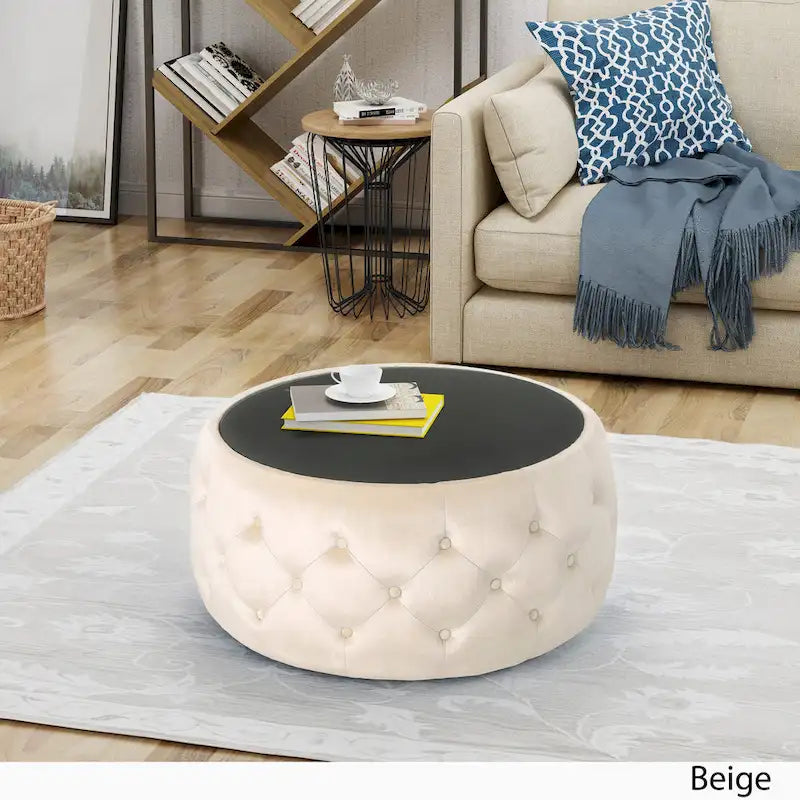 Table basse pouf en velours et verre trempé par
