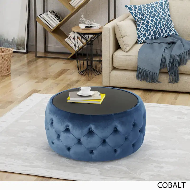 Table basse pouf en velours et verre trempé par