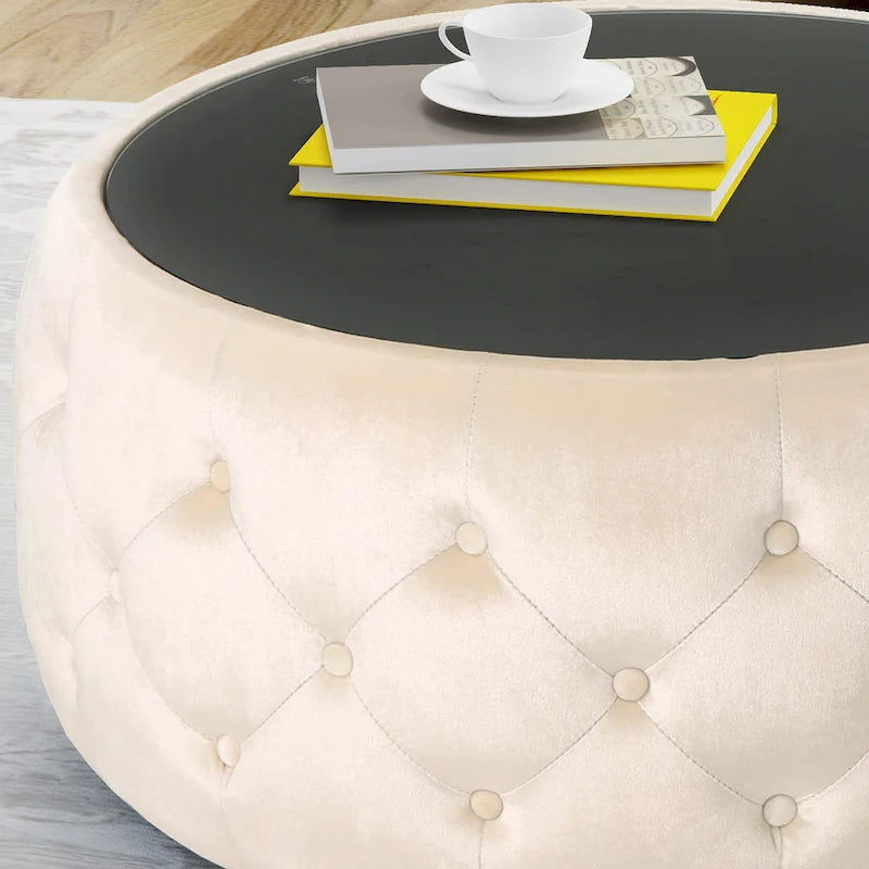 Table basse pouf en velours et verre trempé par