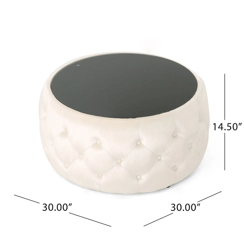 Table basse pouf en velours et verre trempé par