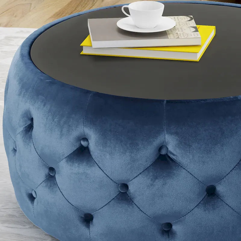 Table basse pouf en velours et verre trempé par