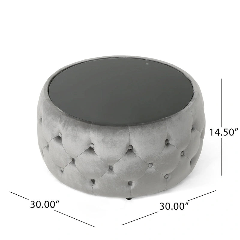Table basse pouf en velours et verre trempé par