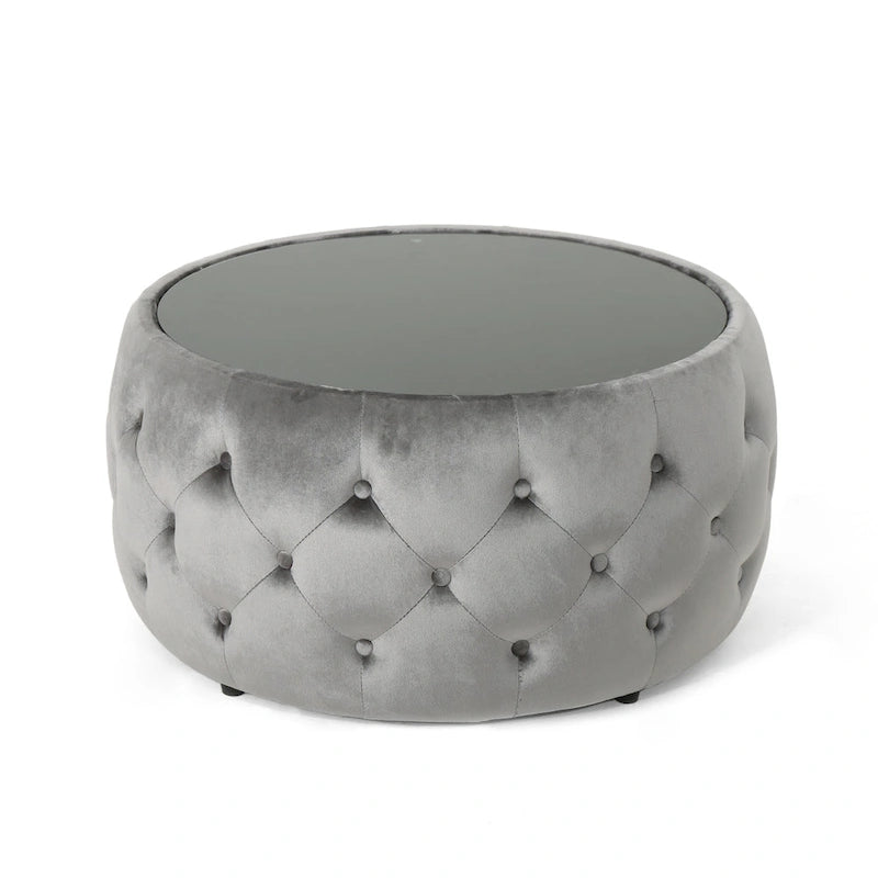 Table basse pouf en velours et verre trempé par