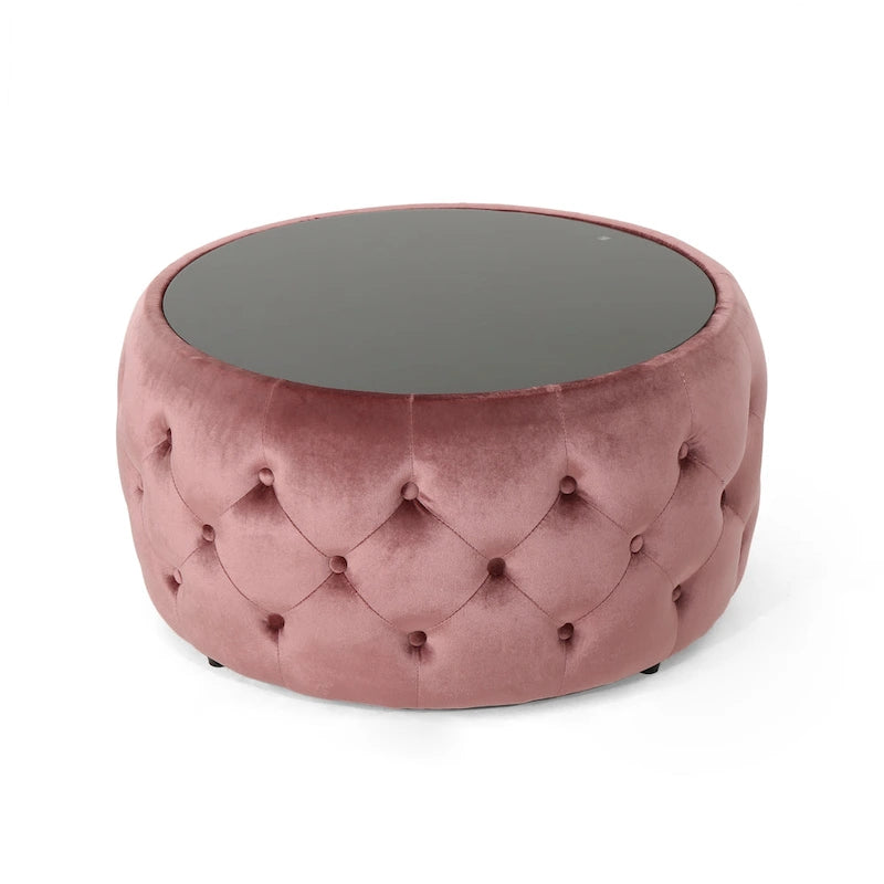 Table basse pouf en velours et verre trempé par