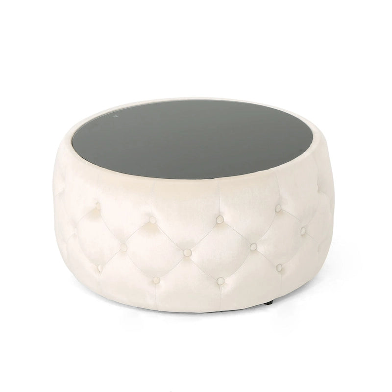 Table basse pouf en velours et verre trempé par