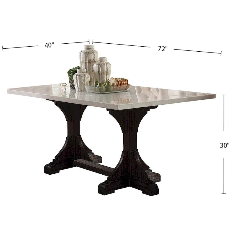 Table à manger rectangulaire en marbre blanc et espresso vieilli