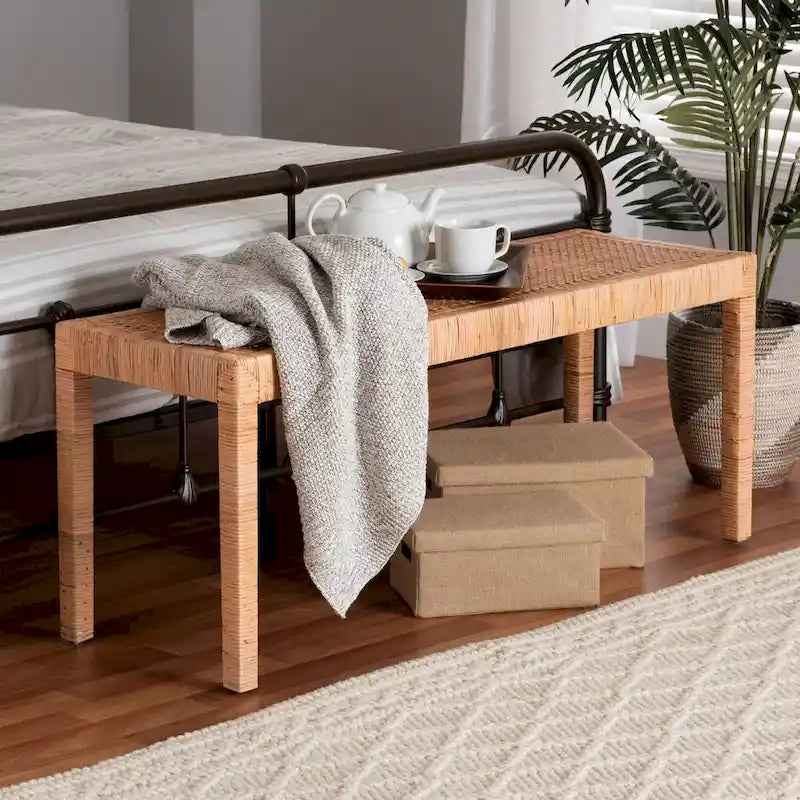 Banc d'appoint moderne bohème en rotin naturel et bois d'acajou