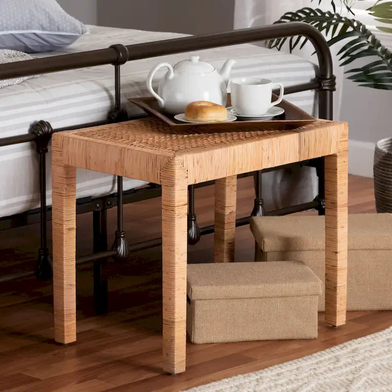 Banc d'appoint moderne bohème en rotin naturel et bois d'acajou