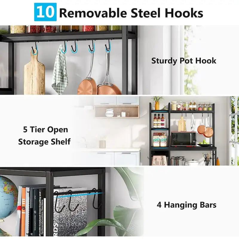 Étagère de boulanger à 5 niveaux, étagère de rangement utilitaire avec armoire de rangement pour la cuisine, support pour four à micro-ondes