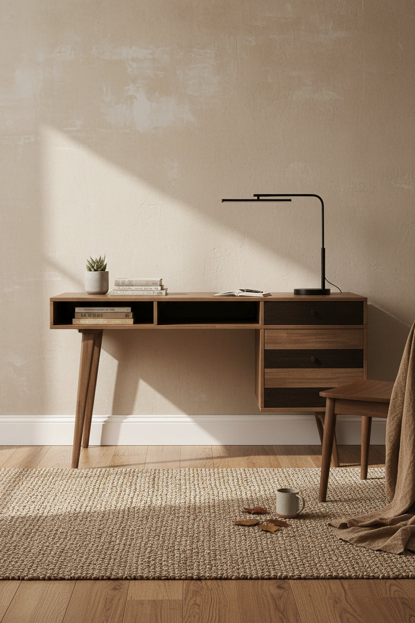 Bureau contemporain de 152 cm de large en bois massif avec tiroirs, coloris brun vieilli rustique