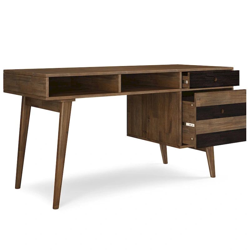 Bureau contemporain de 152 cm de large en bois massif avec tiroirs, coloris brun vieilli rustique