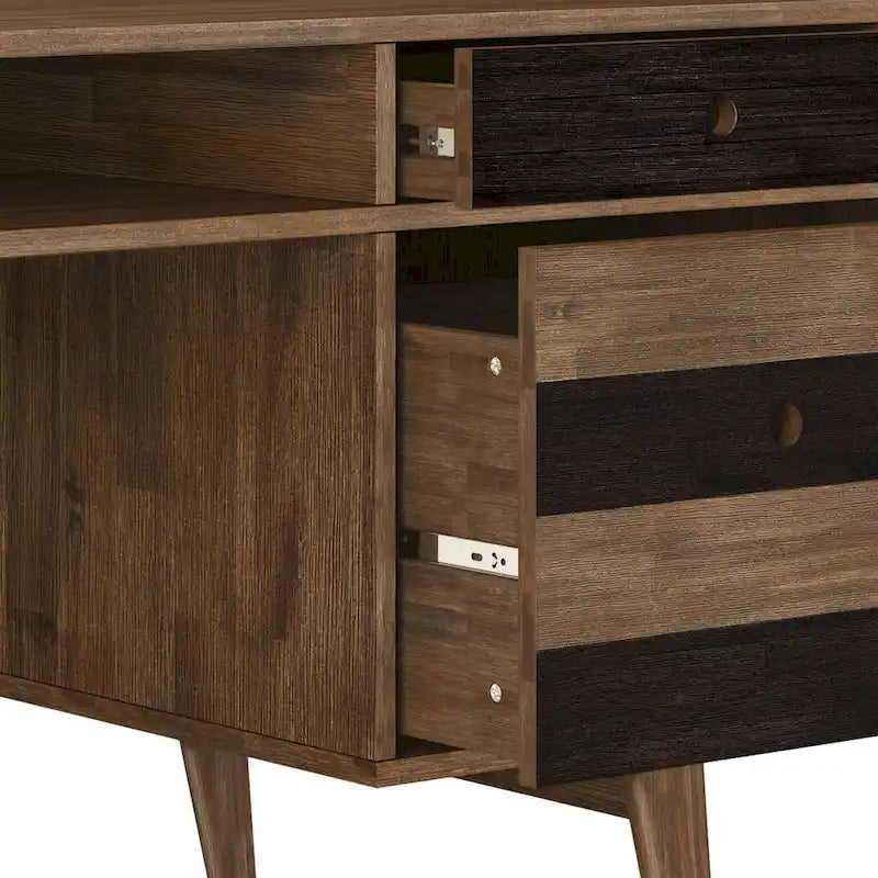 Bureau contemporain de 152 cm de large en bois massif avec tiroirs, coloris brun vieilli rustique
