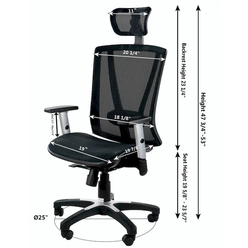 Fauteuil de bureau ergonomique marron en maille entièrement maillée, réglable en hauteur, avec accoudoirs et appuie-tête, hauteur maximale de 52 pouces