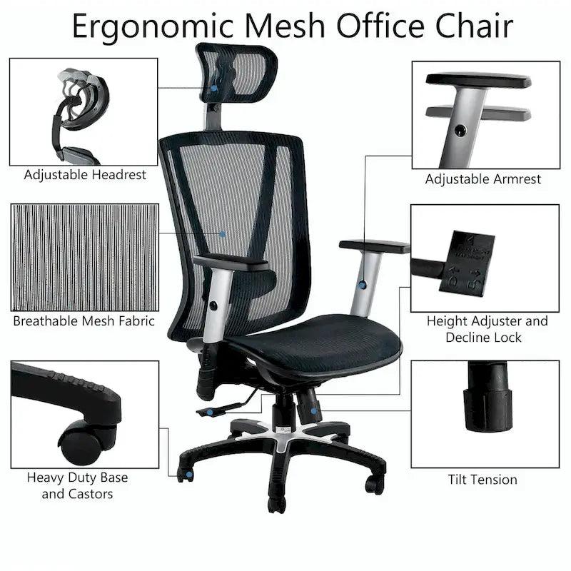 Fauteuil de bureau ergonomique marron en maille entièrement maillée, réglable en hauteur, avec accoudoirs et appuie-tête, hauteur maximale de 52 pouces