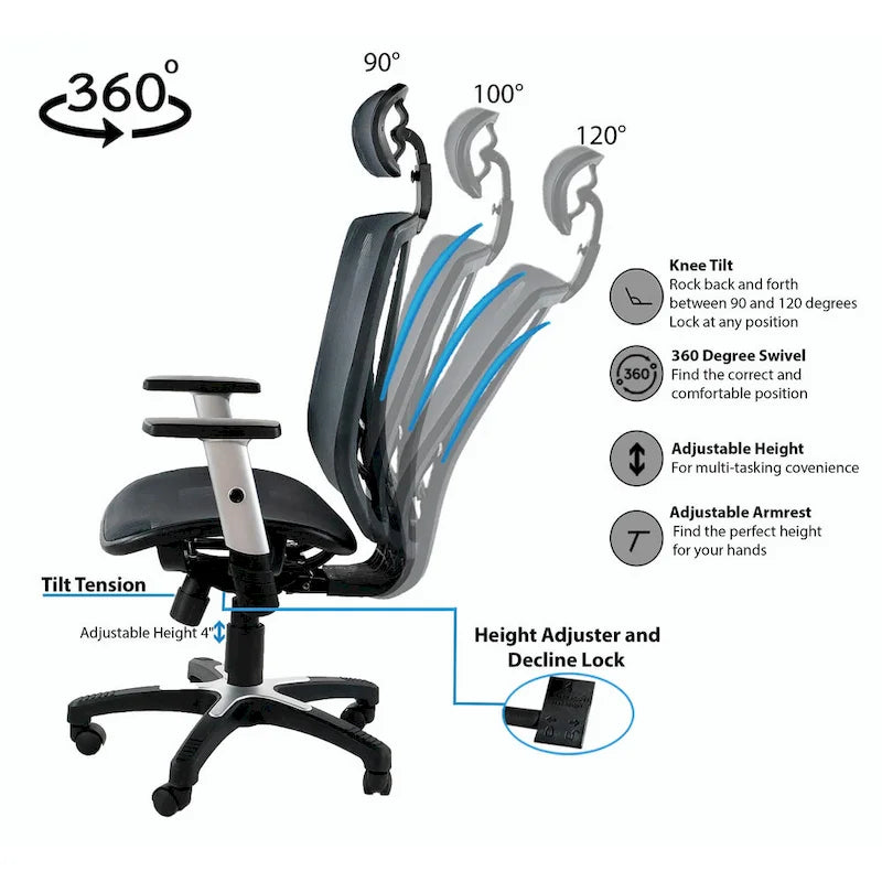 Fauteuil de bureau ergonomique marron en maille entièrement maillée, réglable en hauteur, avec accoudoirs et appuie-tête, hauteur maximale de 52 pouces