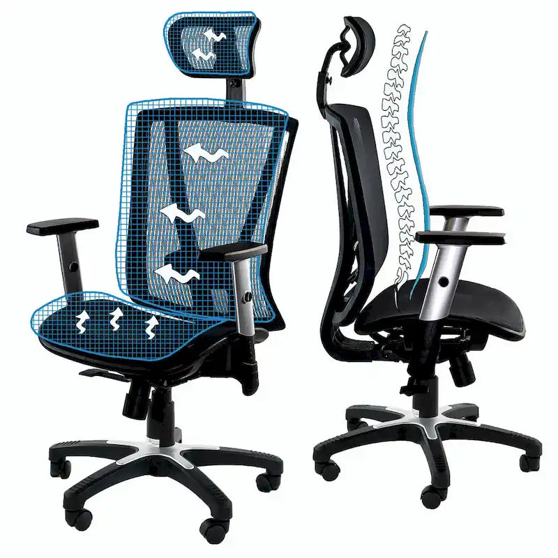 Fauteuil de bureau ergonomique marron en maille entièrement maillée, réglable en hauteur, avec accoudoirs et appuie-tête, hauteur maximale de 52 pouces