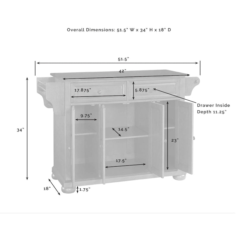 Îlot de cuisine/Chariot de cuisine pleine grandeur avec dessus en granit – 51,5 L x 18 P x 34 H