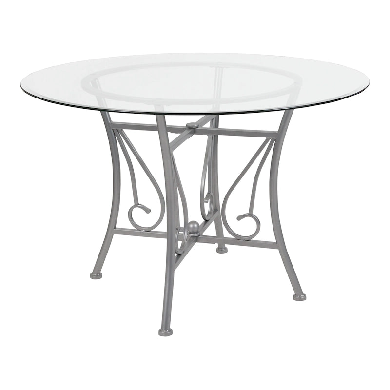 Table à manger ronde en verre de 45 po avec accents en spirale et cadre en métal mat - 45 larg. x 45 prof. x 29 haut. - 45 larg. x 45 prof. x 29 haut.