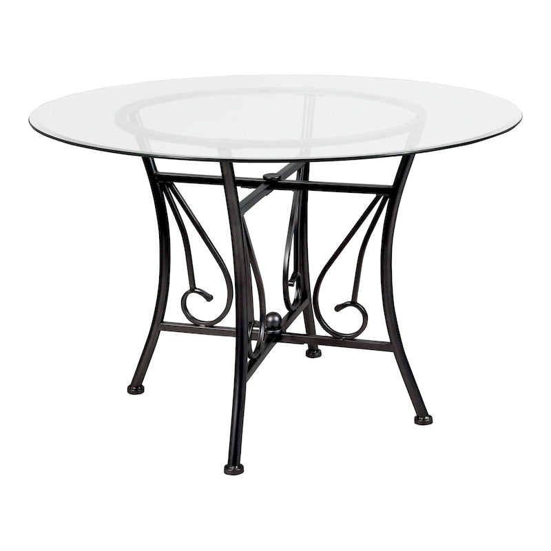 Table à manger ronde en verre de 45 po avec accents en spirale et cadre en métal mat - 45 larg. x 45 prof. x 29 haut. - 45 larg. x 45 prof. x 29 haut.