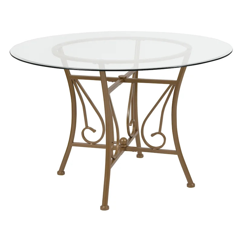 Table à manger ronde en verre de 45 po avec accents en spirale et cadre en métal mat - 45 larg. x 45 prof. x 29 haut. - 45 larg. x 45 prof. x 29 haut.