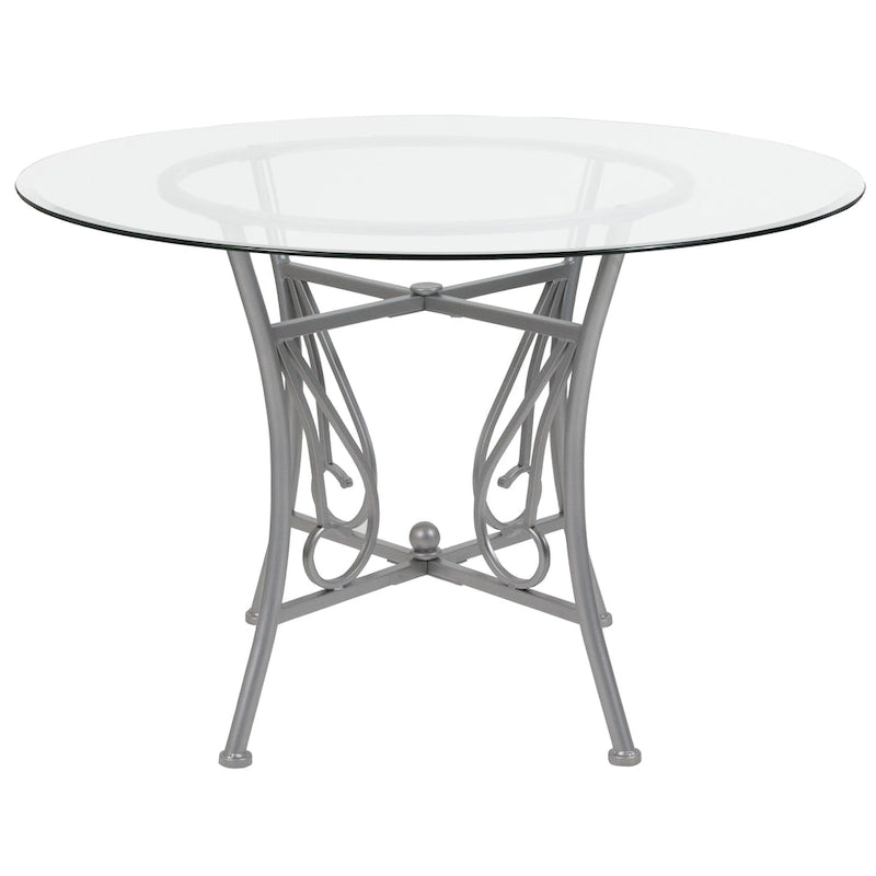Table à manger ronde en verre de 45 po avec accents en spirale et cadre en métal mat - 45 larg. x 45 prof. x 29 haut. - 45 larg. x 45 prof. x 29 haut.