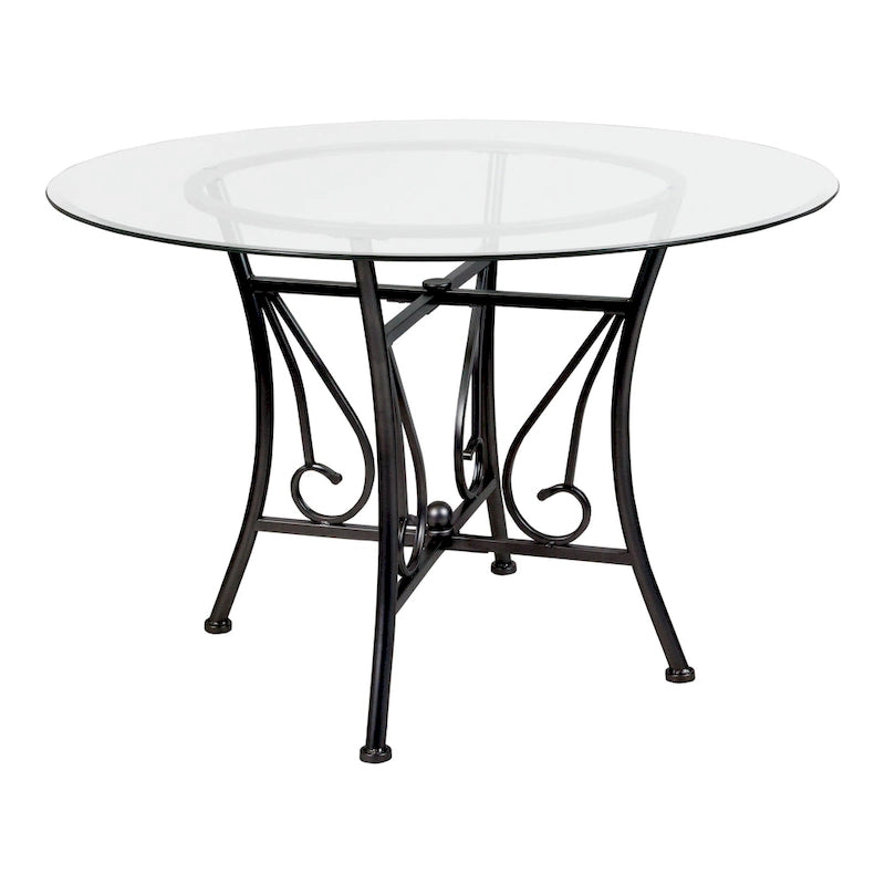 Table à manger ronde en verre de 45 po avec accents en spirale et cadre en métal mat - 45 larg. x 45 prof. x 29 haut. - 45 larg. x 45 prof. x 29 haut.