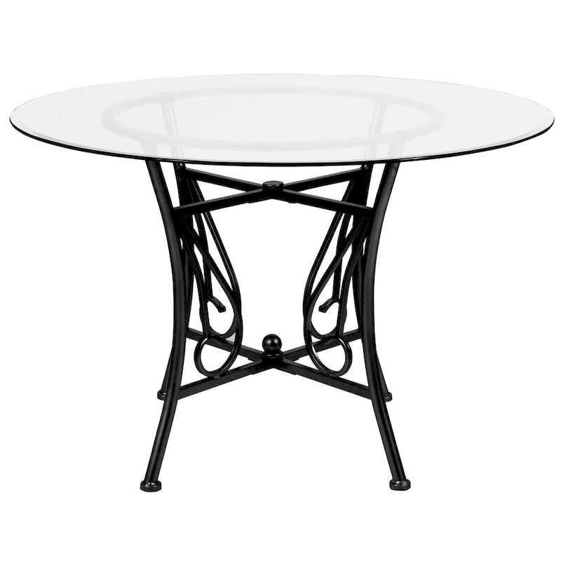Table à manger ronde en verre de 45 po avec accents en spirale et cadre en métal mat - 45 larg. x 45 prof. x 29 haut. - 45 larg. x 45 prof. x 29 haut.