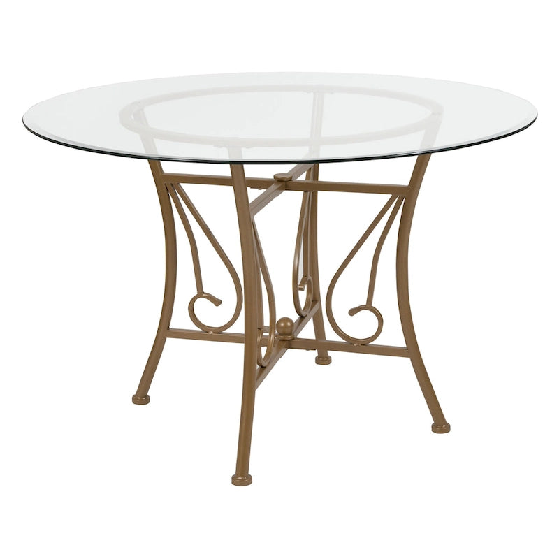 Table à manger ronde en verre de 45 po avec accents en spirale et cadre en métal mat - 45 larg. x 45 prof. x 29 haut. - 45 larg. x 45 prof. x 29 haut.