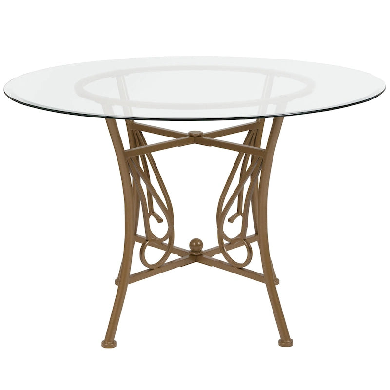 Table à manger ronde en verre de 45 po avec accents en spirale et cadre en métal mat - 45 larg. x 45 prof. x 29 haut. - 45 larg. x 45 prof. x 29 haut.
